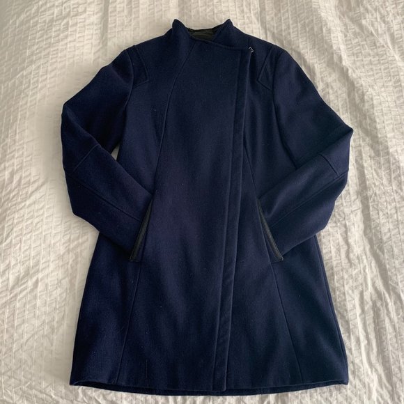 Calvin Klein Navy Asymmetrical Zip Wool Coat - Picture 1 of 6